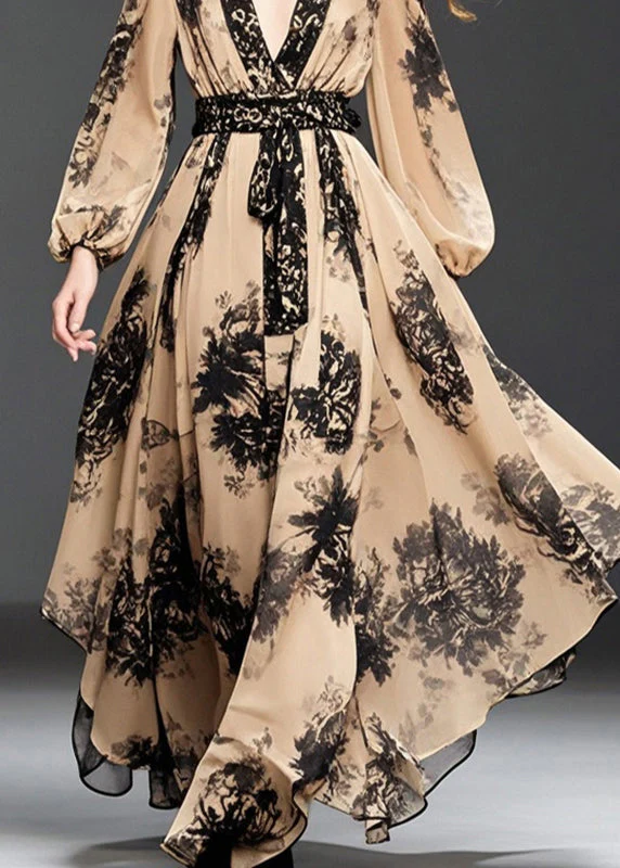 Handmade Khaki Cinched Print Chiffon Long Dresses Spring - Image 4