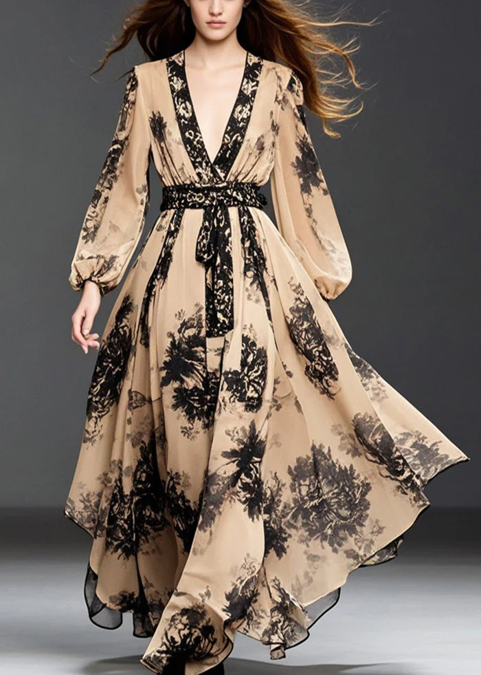 Handmade Khaki Cinched Print Chiffon Long Dresses Spring - Image 5