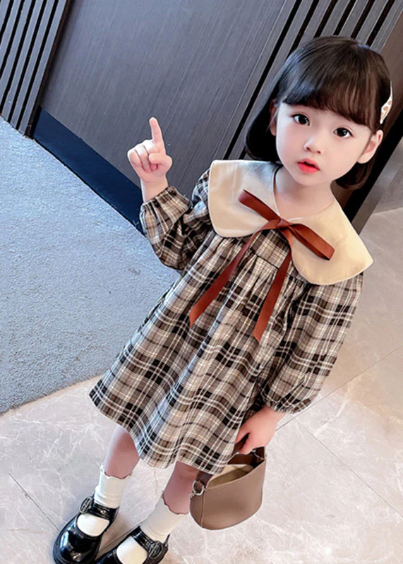 Handmade Khaki Plaid Bow Detachable Girls Mid Dresses Long Sleeve - Image 2
