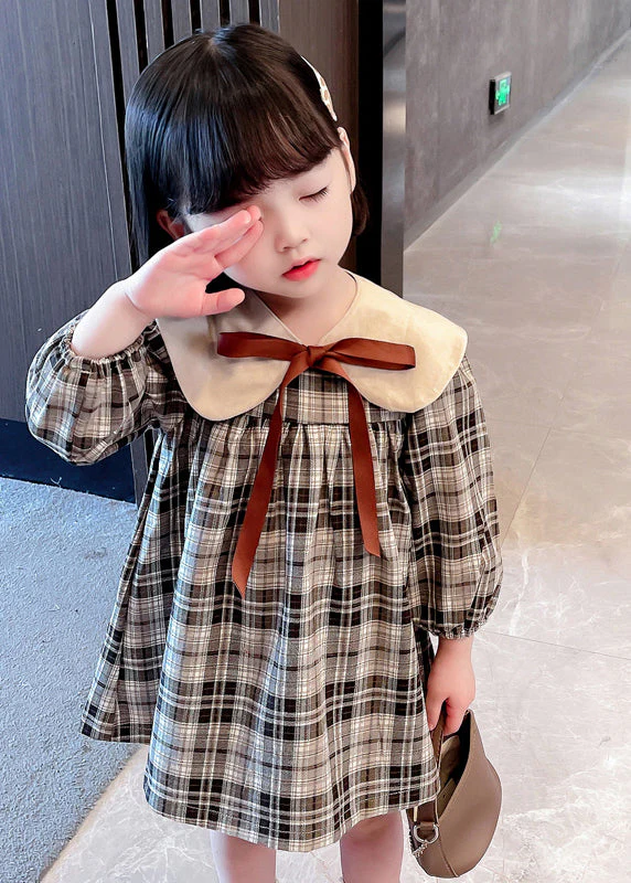Handmade Khaki Plaid Bow Detachable Girls Mid Dresses Long Sleeve - Image 3