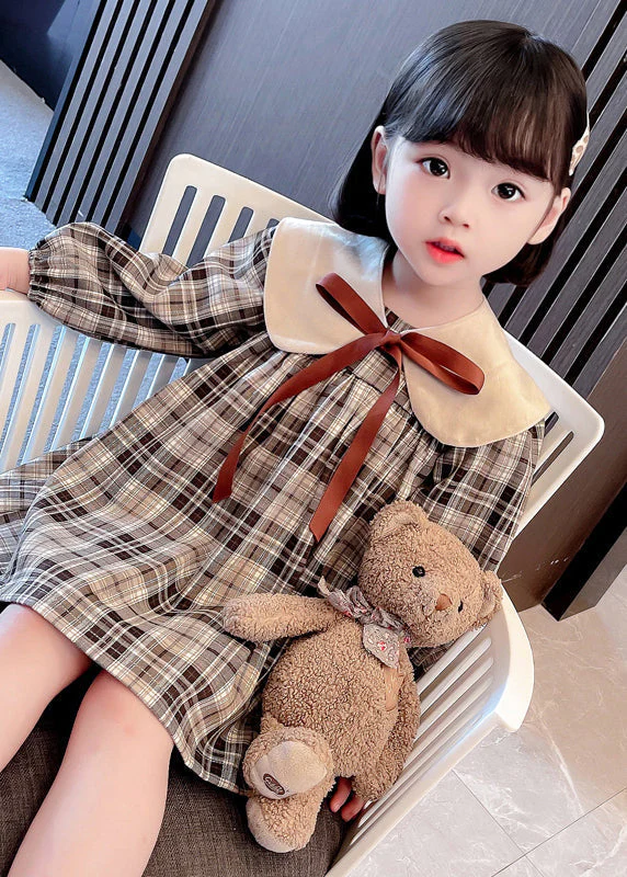 Handmade Khaki Plaid Bow Detachable Girls Mid Dresses Long Sleeve - Image 4