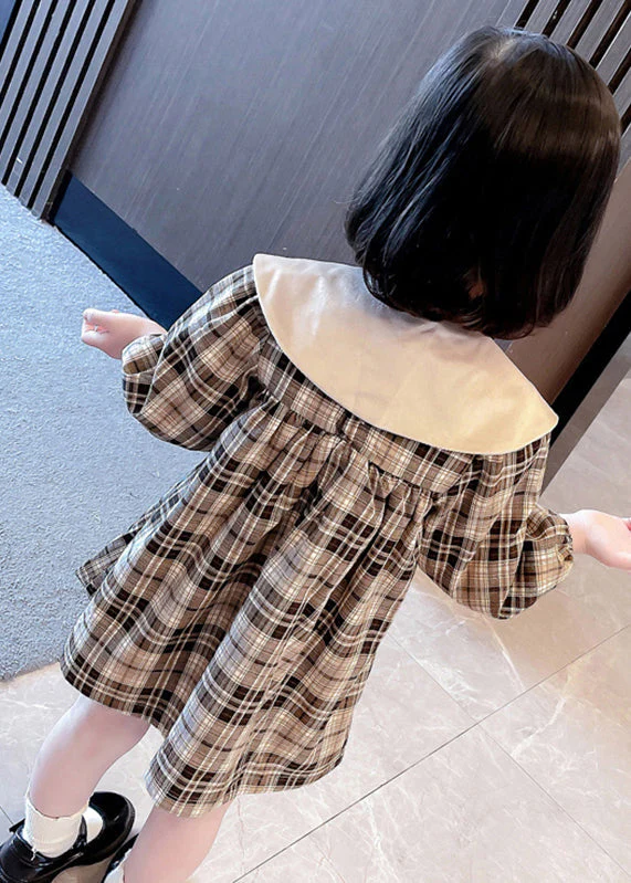 Handmade Khaki Plaid Bow Detachable Girls Mid Dresses Long Sleeve - Image 5