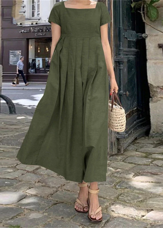 Handmade Khaki Square Collar Patchwork Wrinkled Maxi Dress Summer - Image 2