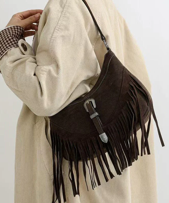 Handmade Khaki Tasseled Solid Durable Fine Suede Messenger Bag - Image 3