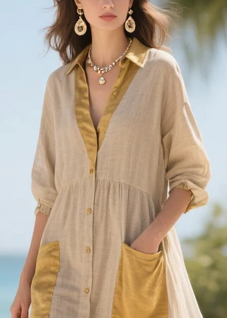 Handmade Khaki V Neck Patchwork Tulle Long Dress Summer - Image 2