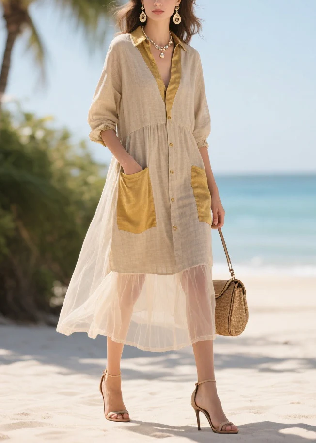 Handmade Khaki V Neck Patchwork Tulle Long Dress Summer - Image 3