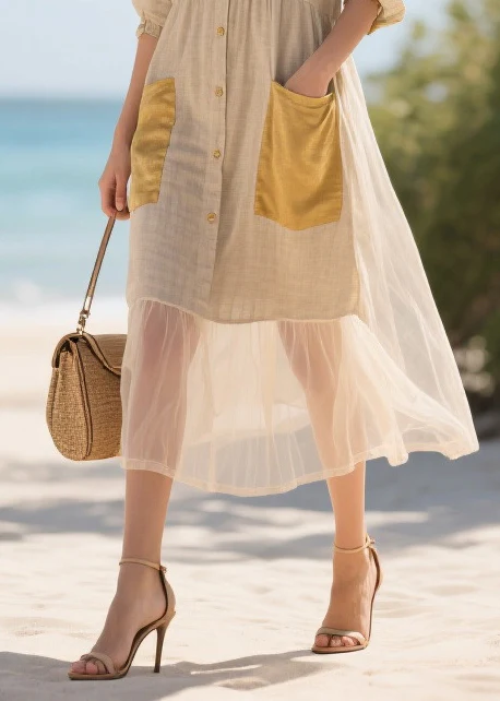 Handmade Khaki V Neck Patchwork Tulle Long Dress Summer - Image 4