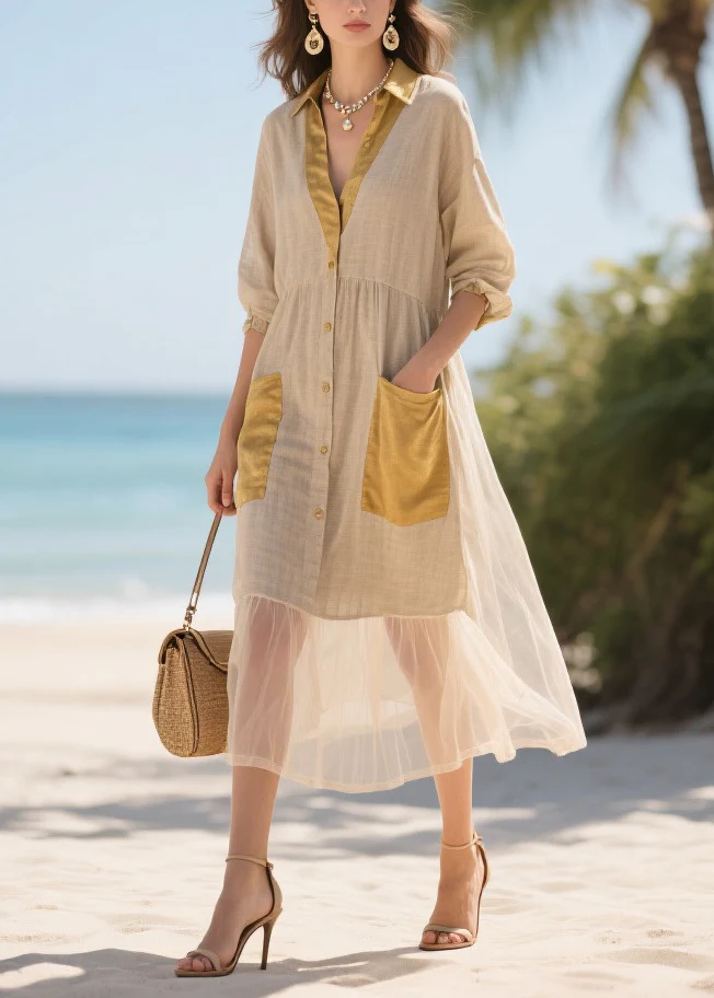 Handmade Khaki V Neck Patchwork Tulle Long Dress Summer - Image 5