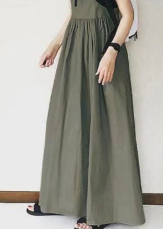 Handmade Khaki Wrinkled Patchwork Long Spaghetti Strap Dress Sleeveless - Image 4