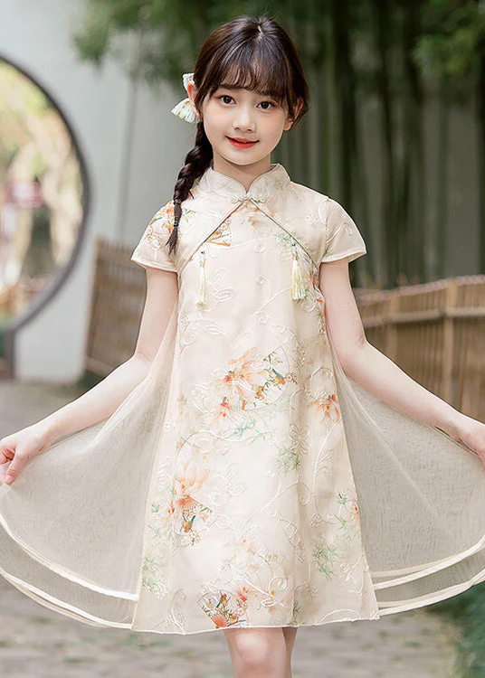 Handmade Light Blue Stand Collar Embroideried Button Tassel Tulle Patchwork Kids Maxi Dresses Short Sleeve - Image 2