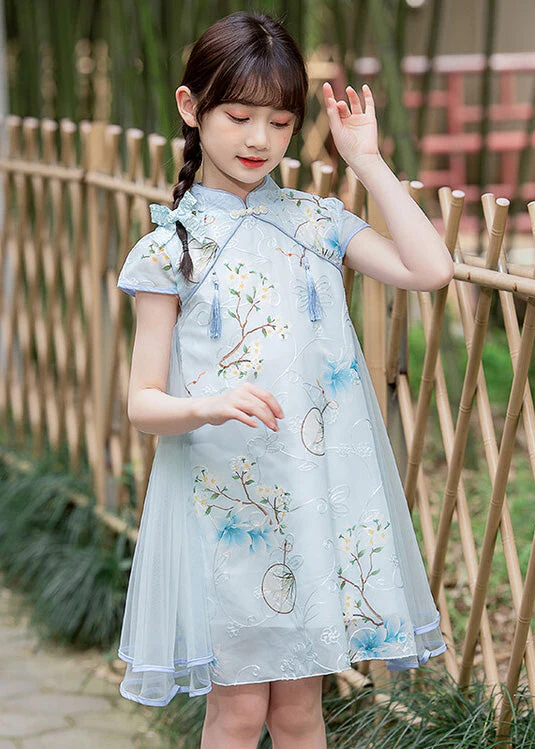 Handmade Light Blue Stand Collar Embroideried Button Tassel Tulle Patchwork Kids Maxi Dresses Short Sleeve - Image 3