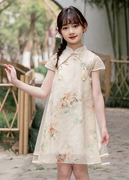 Handmade Light Blue Stand Collar Embroideried Button Tassel Tulle Patchwork Kids Maxi Dresses Short Sleeve - Image 4
