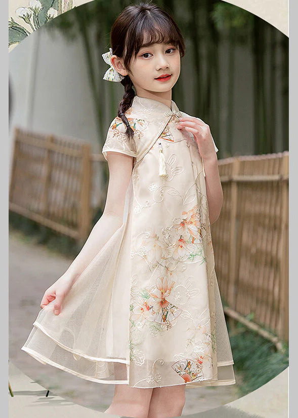Handmade Light Blue Stand Collar Embroideried Button Tassel Tulle Patchwork Kids Maxi Dresses Short Sleeve - Image 5