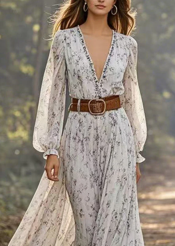 Handmade Light Grey Print Tunic Chiffon Maxi Dresses Spring - Image 2