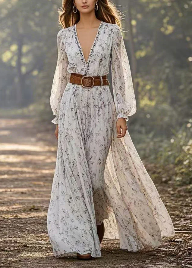 Handmade Light Grey Print Tunic Chiffon Maxi Dresses Spring - Image 3