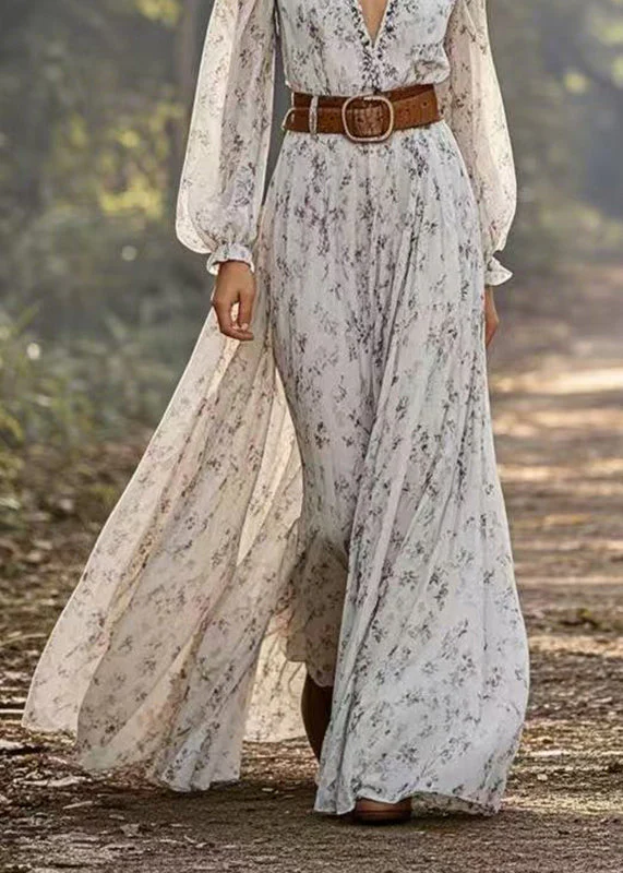 Handmade Light Grey Print Tunic Chiffon Maxi Dresses Spring - Image 4