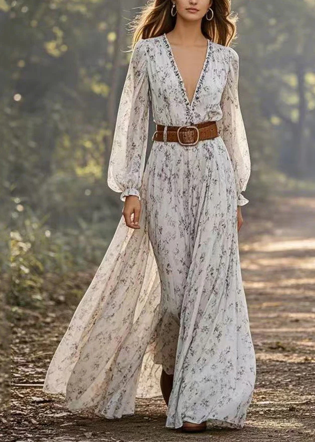 Handmade Light Grey Print Tunic Chiffon Maxi Dresses Spring - Image 5