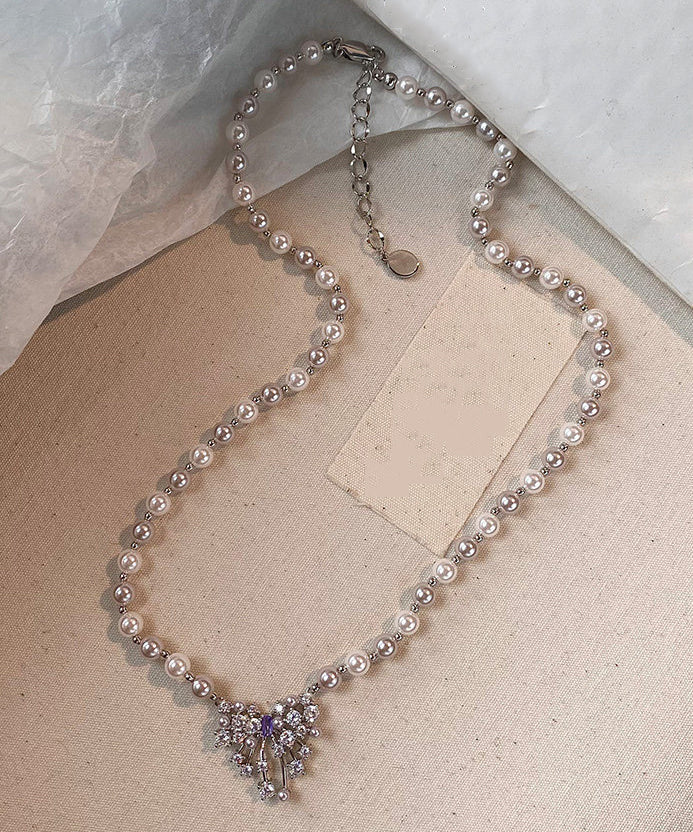 Handmade Light Pink Butterfly Zircon Pearl Adjustable Alloy Pendant Necklace - Image 3
