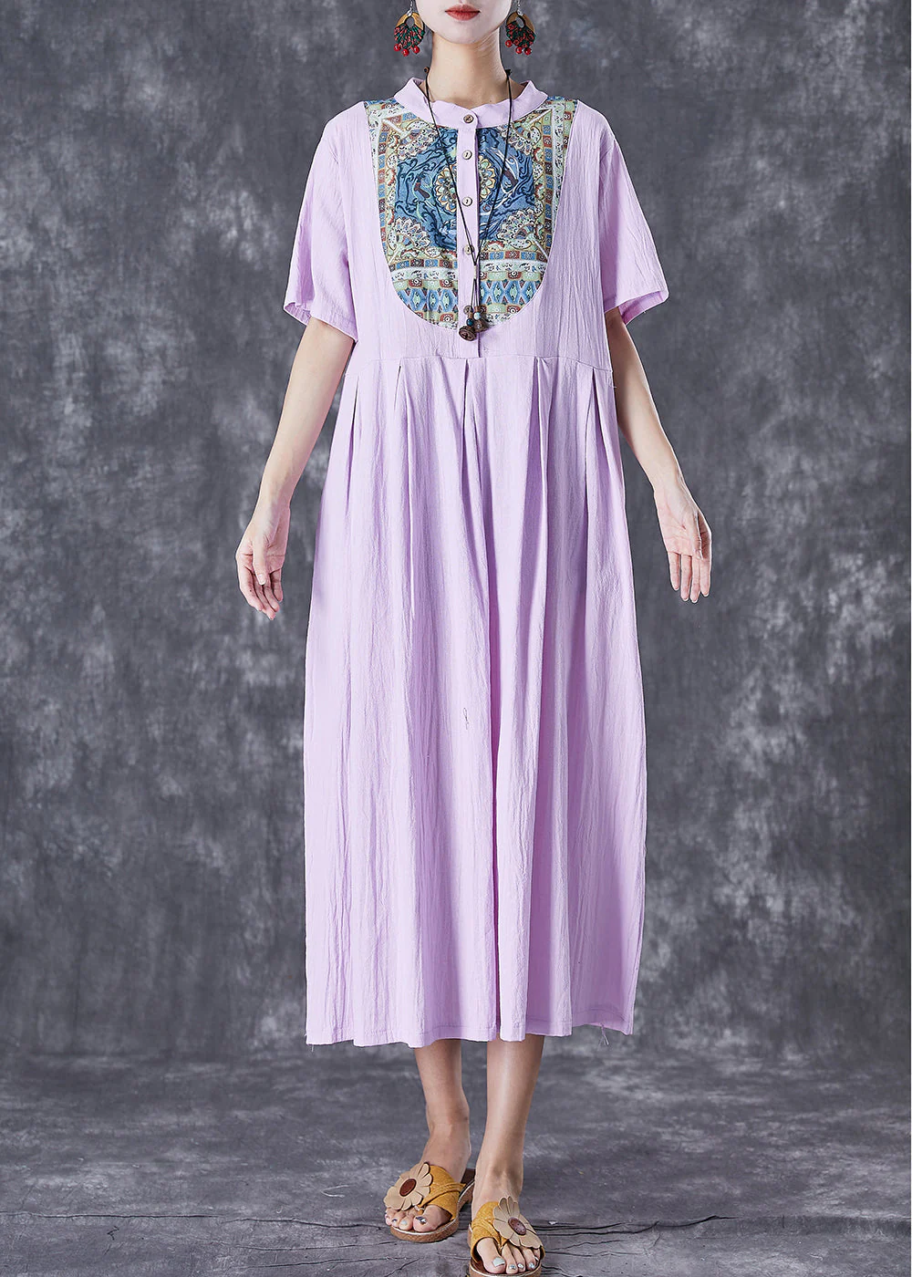 Handmade Light Purple Oversized Patchwork Linen Dress Summer - Image 3