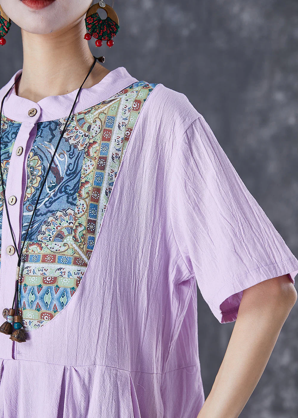 Handmade Light Purple Oversized Patchwork Linen Dress Summer - Image 4