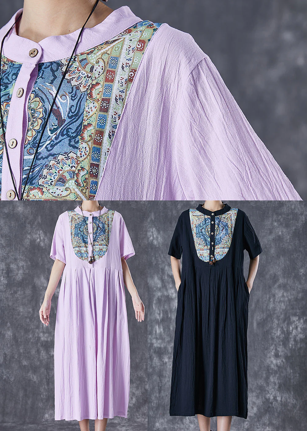 Handmade Light Purple Oversized Patchwork Linen Dress Summer - Image 5