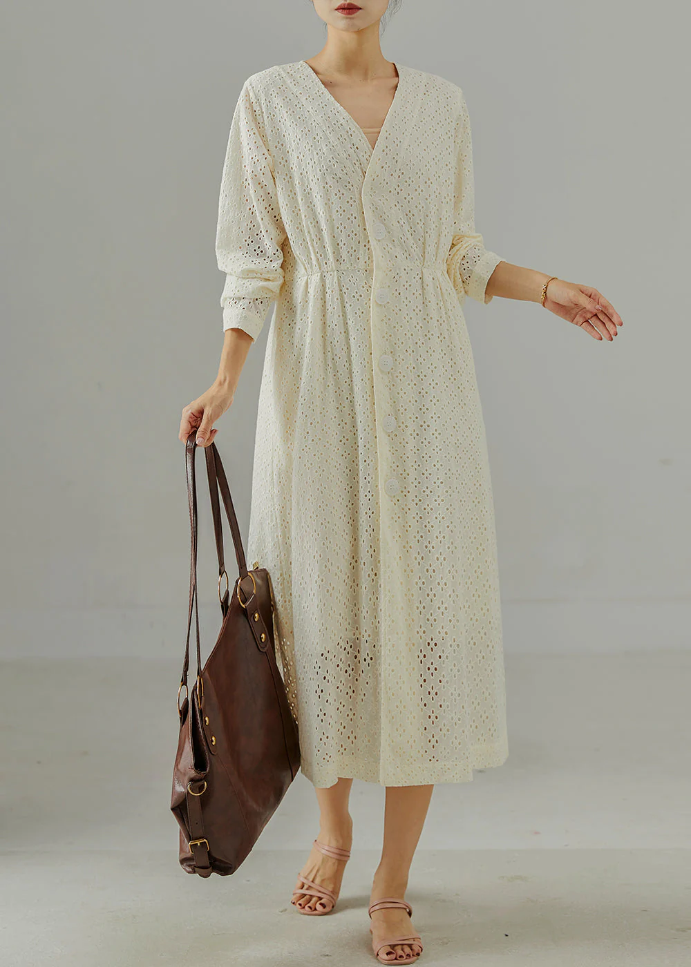 Handmade Milk White Hollow Out Cotton Cinched Dresses Fall - Image 2