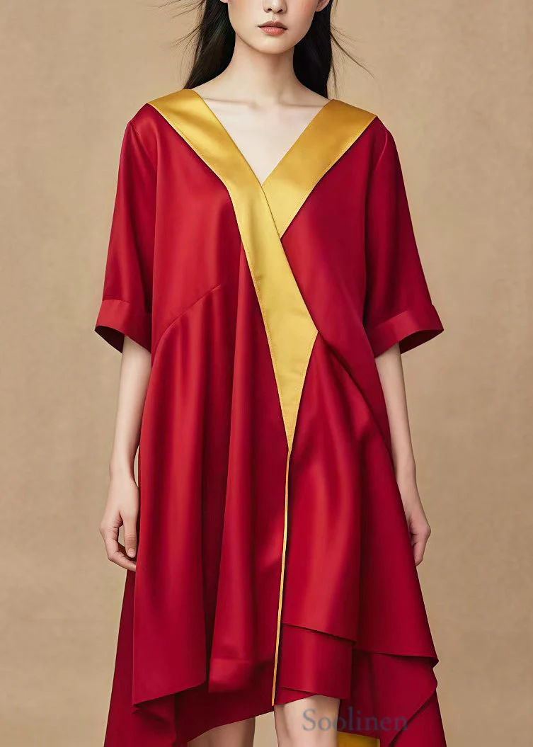Handmade Mulberry V Neck Patchwork Cotton Mid Dress Summer - Image 2