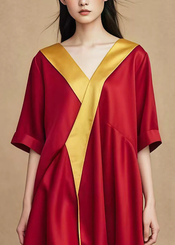 Handmade Mulberry V Neck Patchwork Cotton Mid Dress Summer - Image 3