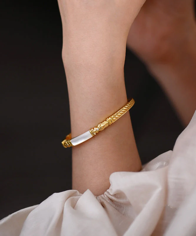 Handmade Natural Mother Of Pearl Snap Closure 14K Gold Bangle - Image 2