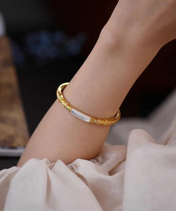 Handmade Natural Mother Of Pearl Snap Closure 14K Gold Bangle - Image 3