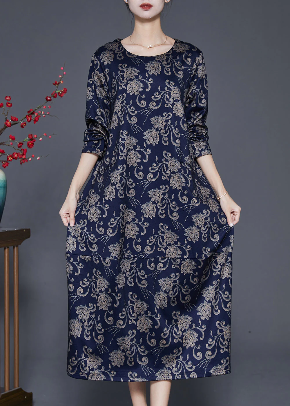Handmade Navy Oversized Print Cotton Maxi Dresses Fall - Image 2