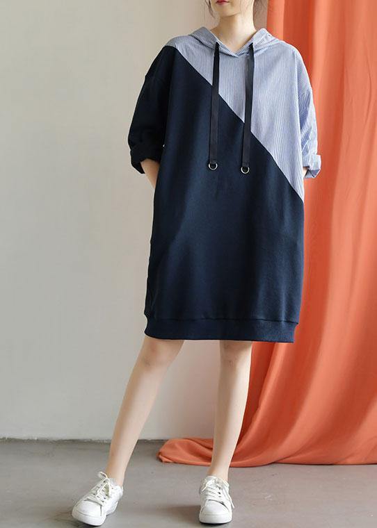 Handmade navy patchwork Cotton quilting clothes hooded daily fall Dress - Image 2