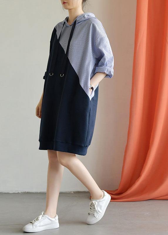 Handmade navy patchwork Cotton quilting clothes hooded daily fall Dress - Image 3