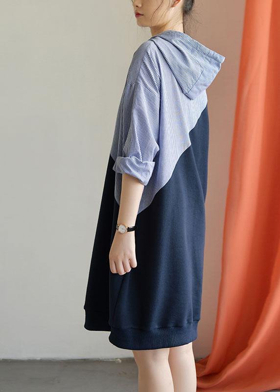 Handmade navy patchwork Cotton quilting clothes hooded daily fall Dress - Image 4