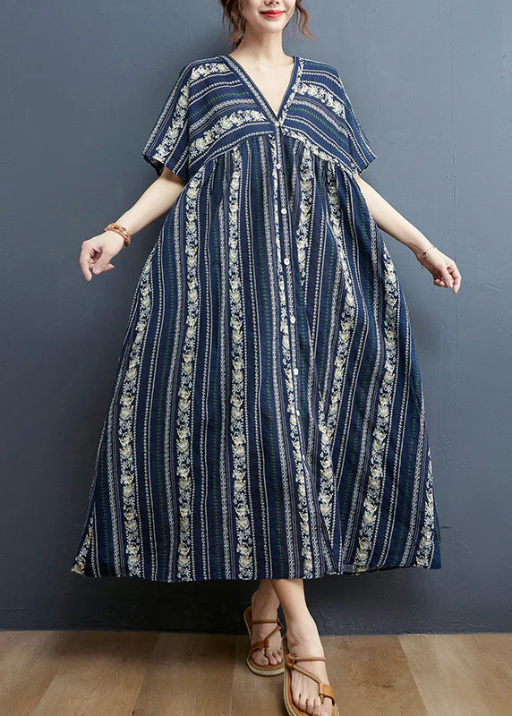 Handmade Navy V Neck Cotton Vacation Shirt Dresses Short Sleeve - Image 2