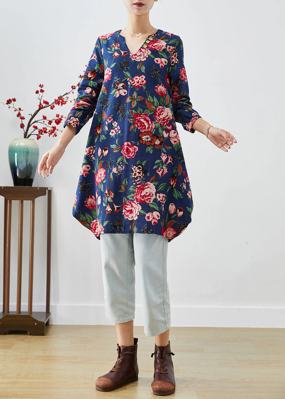 Handmade Navy V Neck Print Linen A Line Dresses Fall - Image 2