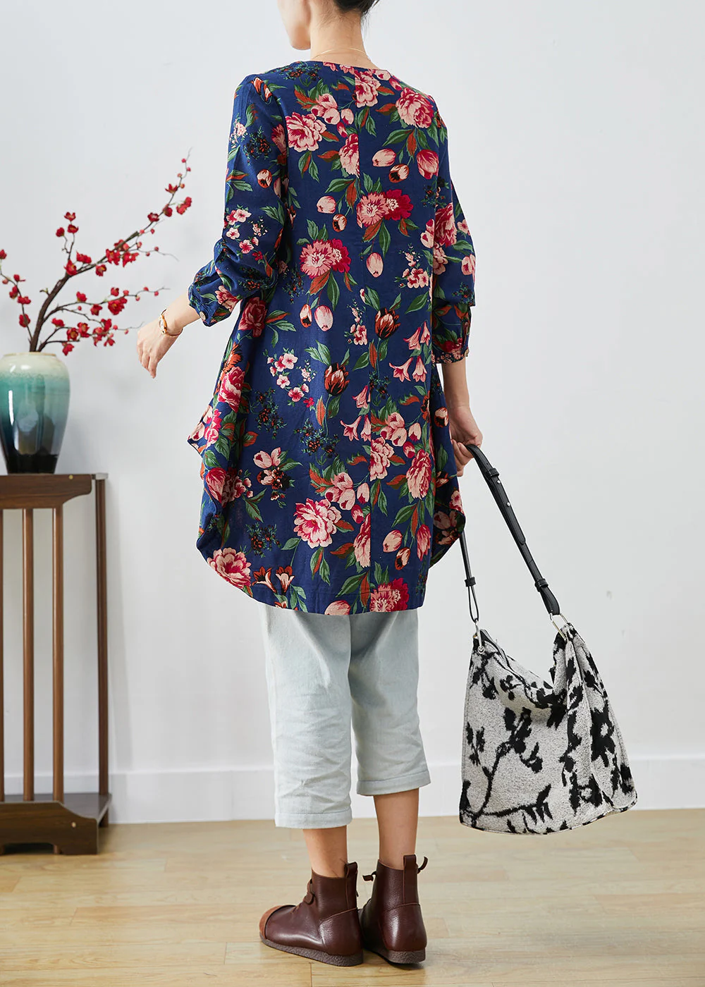Handmade Navy V Neck Print Linen A Line Dresses Fall - Image 3