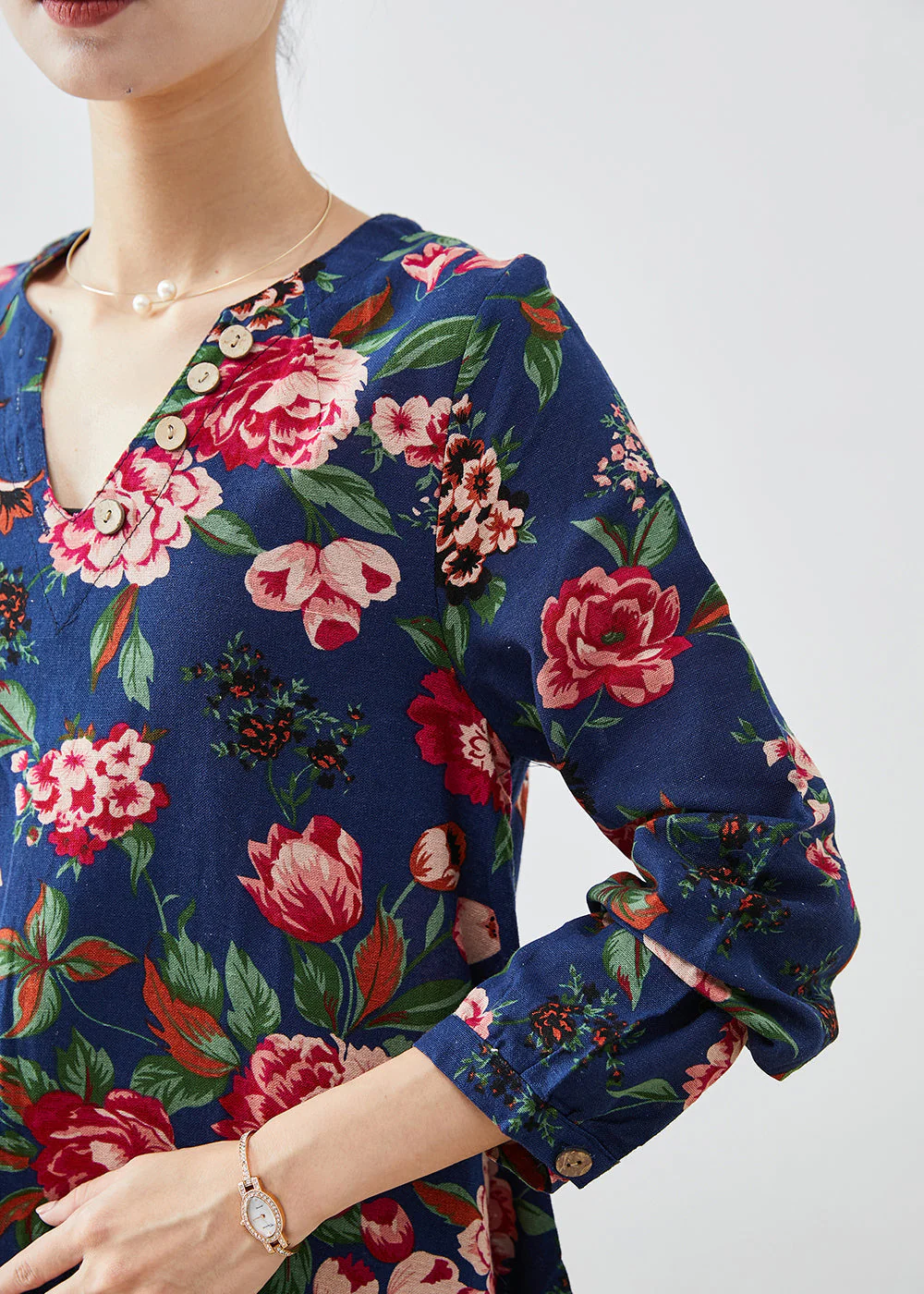 Handmade Navy V Neck Print Linen A Line Dresses Fall - Image 4