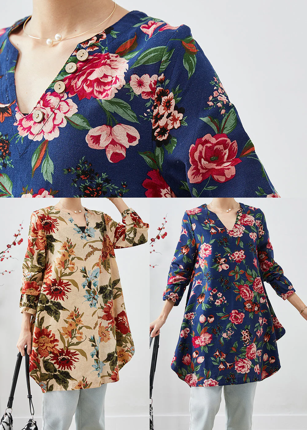 Handmade Navy V Neck Print Linen A Line Dresses Fall - Image 5