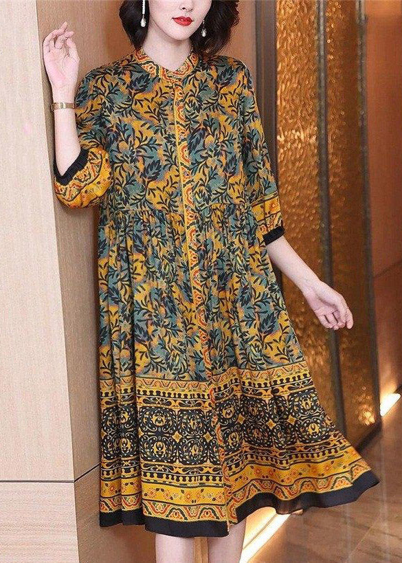 Handmade O-Neck Print Button Wrinkled Silk Maxi Dresses Long Sleeve - Image 2