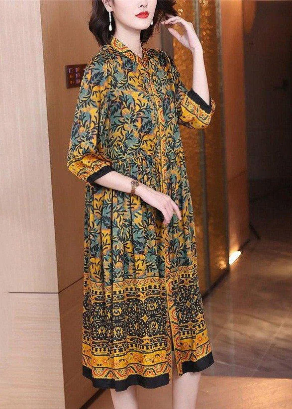 Handmade O-Neck Print Button Wrinkled Silk Maxi Dresses Long Sleeve - Image 3