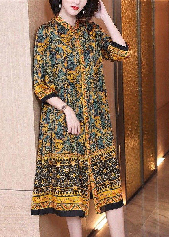 Handmade O-Neck Print Button Wrinkled Silk Maxi Dresses Long Sleeve - Image 4