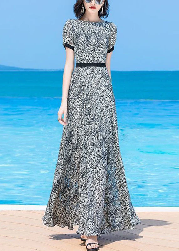 Handmade O-Neck Print Elastic Waist Chiffon Long Beach Dress Short Sleeve - Image 2