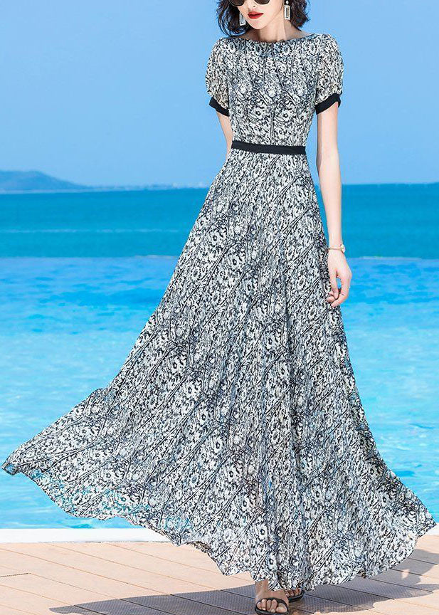 Handmade O-Neck Print Elastic Waist Chiffon Long Beach Dress Short Sleeve - Image 3