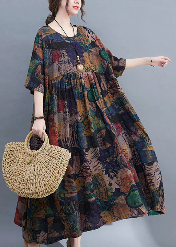 Handmade O-Neck Print Patchwork Maxi Dresses Bracelet Sleeve - Image 2