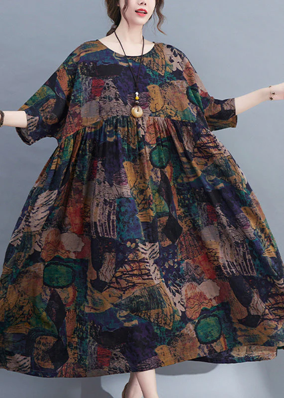 Handmade O-Neck Print Patchwork Maxi Dresses Bracelet Sleeve - Image 3