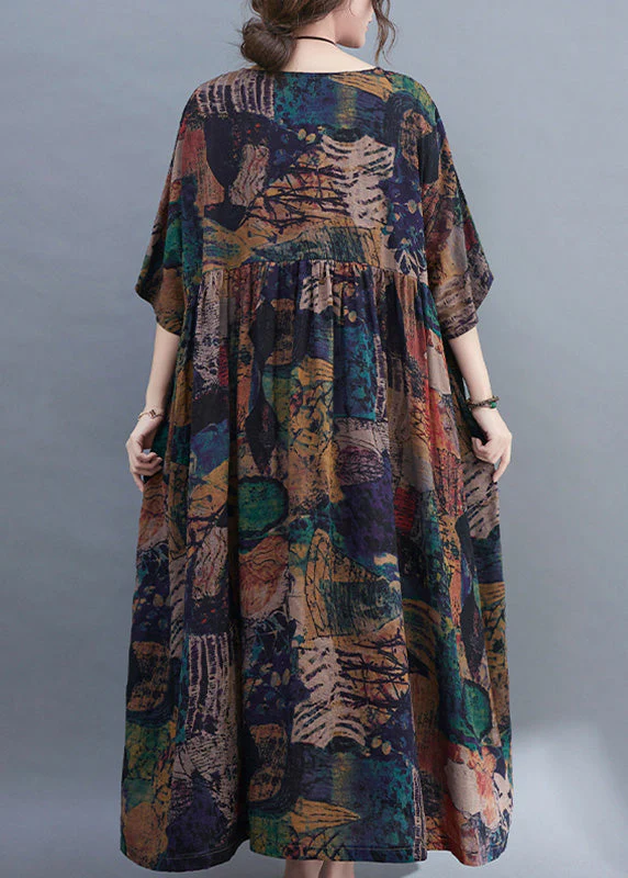 Handmade O-Neck Print Patchwork Maxi Dresses Bracelet Sleeve - Image 4