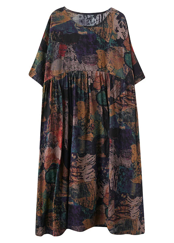 Handmade O-Neck Print Patchwork Maxi Dresses Bracelet Sleeve - Image 5
