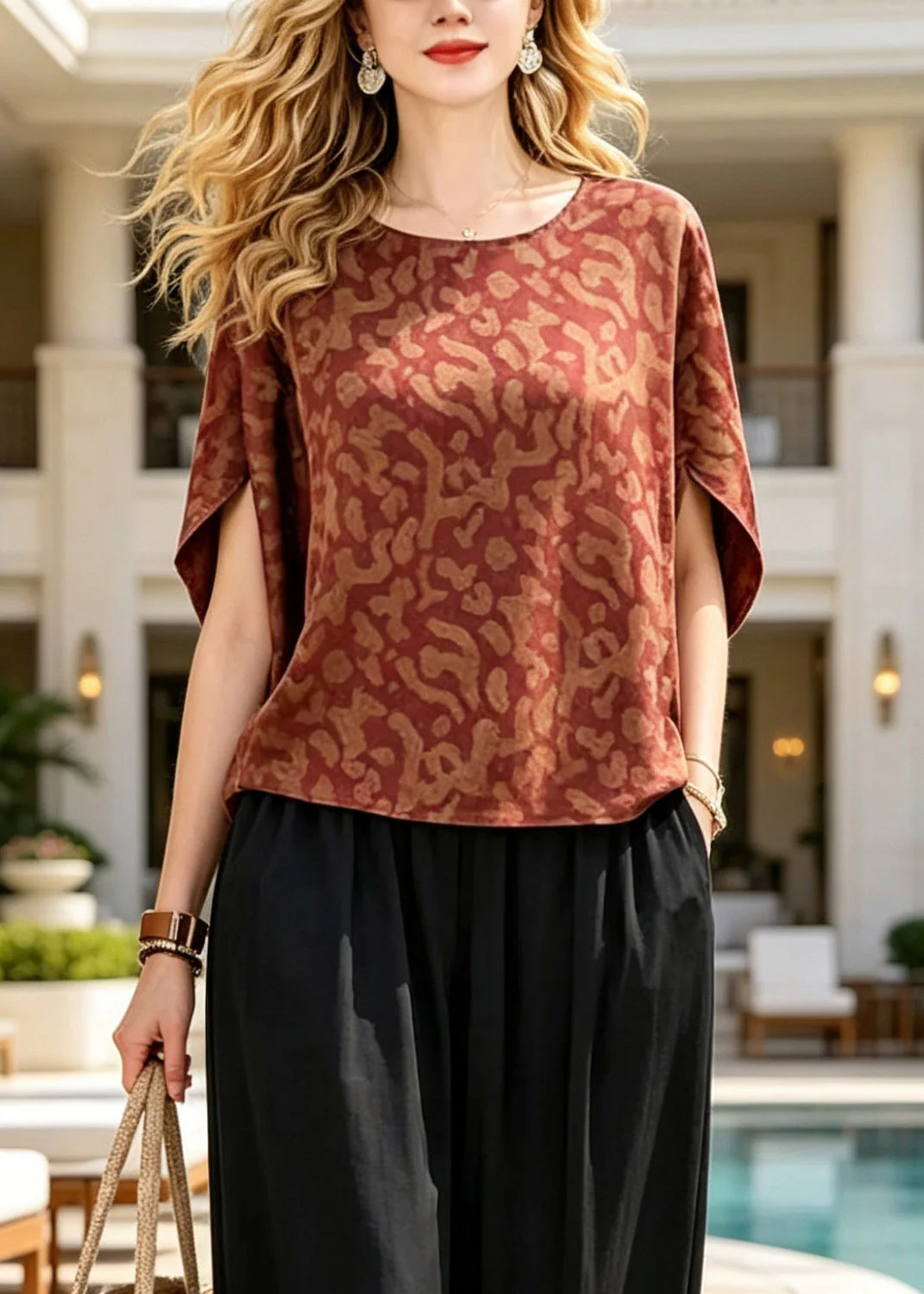 Handmade O-Neck T Shirts And Crop Pants Silk Two Piece Set Summer - Image 2