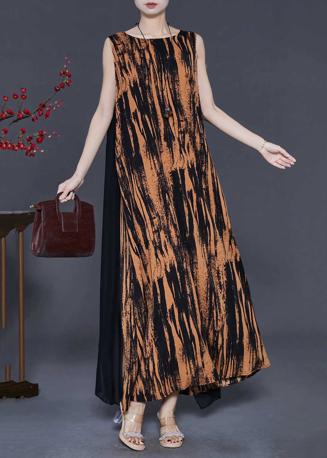 Handmade Orange Oversized Patchwork Chiffon Long Dress Sleeveless - Image 2